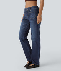 Halara Flex™ Low Rise Zipper Pockets Straight Leg Washed Casual Jeans