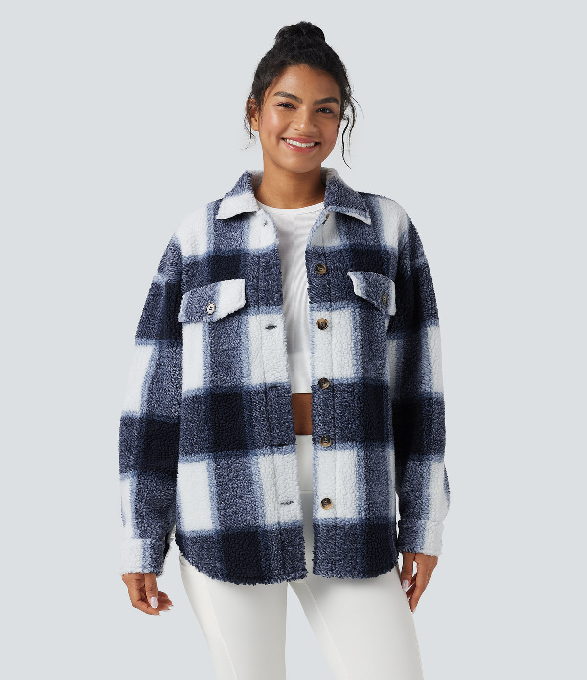 Collar Long Sleeve Curved Hem Casual Shacket Sherpa Jacket with Pockets
