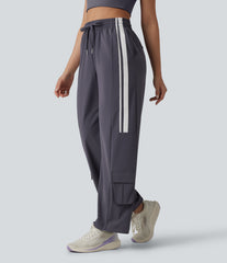 High Waisted Drawstring Colorblock Stripes Quick Dry Workout Cargo Pants with Pockets