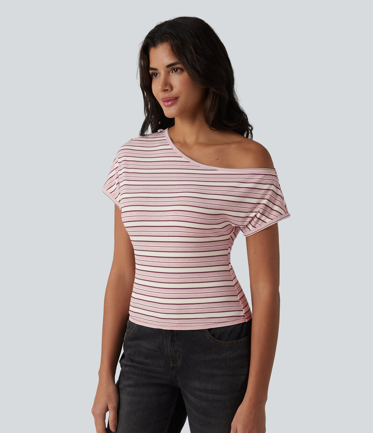 Ribbed Knit One-shoulder Batwing Sleeve Stripes Resort Top