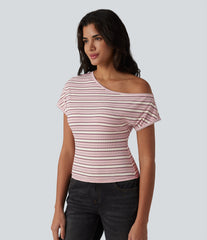 Ribbed Knit One-shoulder Batwing Sleeve Stripes Resort Top