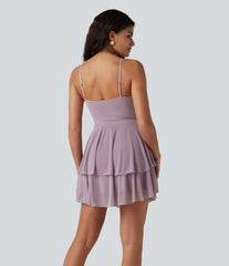 V-neck Tie Mesh Tiered Hem Built-in Bra Mini Bridesmaid And Wedding Guest Slip Dress