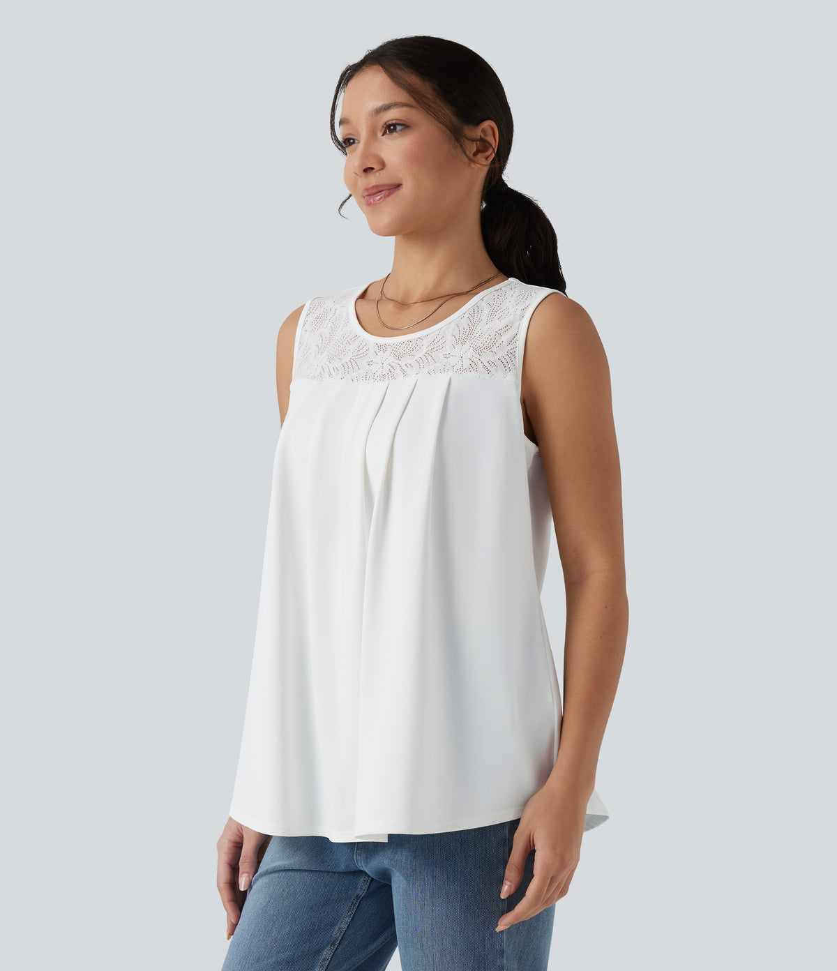 Round Neck Contrast Lace Casual Tank Top