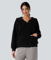 Lapel Reglan Long Sleeve Work Sweater with Pockets