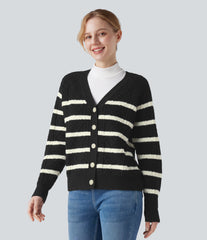 V-neck Long Sleeve Striped Casual Cardigan