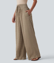 Mid Rise Drawstring Texture Resort Baggy Pants with Pockets