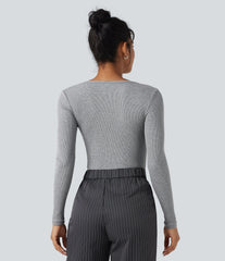 Ribbed Knit V-neck Long Sleeve Work T-Shirt