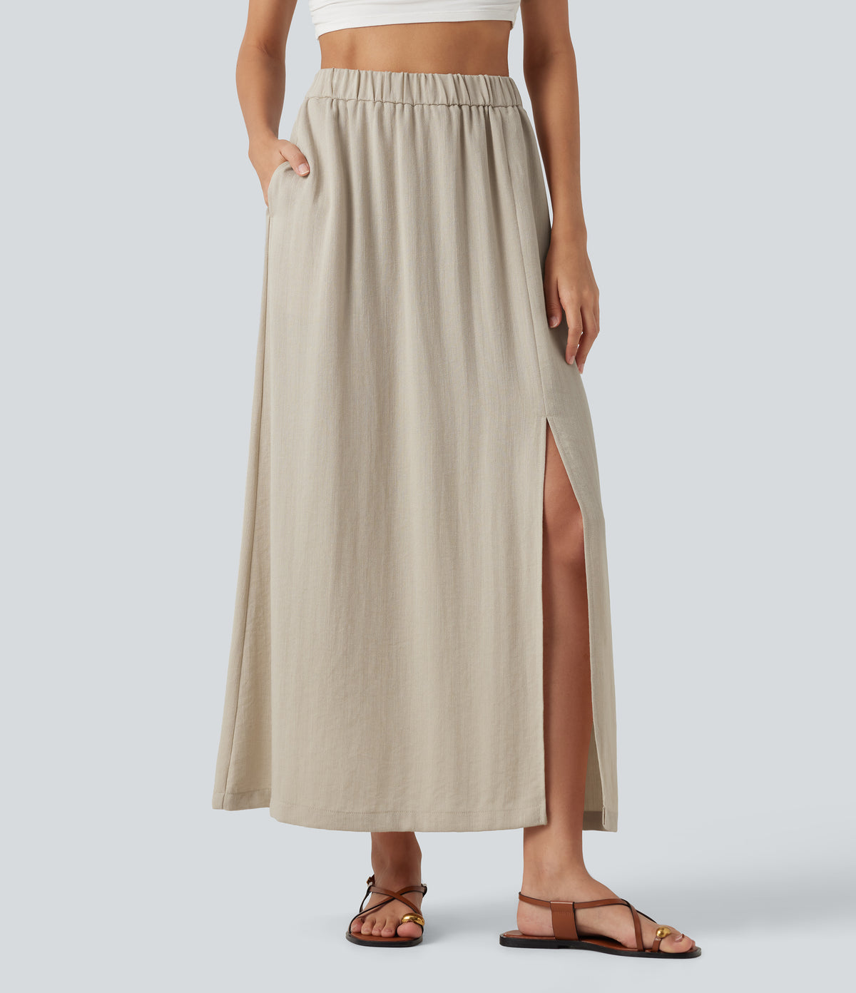 High Waisted Split Hem Maxi Casual Linen-Feel Skirt with Pockets