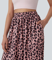 High Waisted Flowy Leopard Print Waffle Casual Baggy Joggers with Pockets