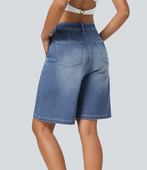 Halara Flex™ High Waisted Zipper Pockets Washed Denim Casual Bermuda Shorts