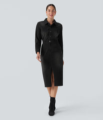 Halara Flex™ Denim Long Sleeve Midi Casual Shirt Dress with Pockets