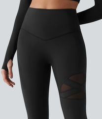 High Waisted Tummy Control Breathable Mesh Flare Casual Leggings with Pocket