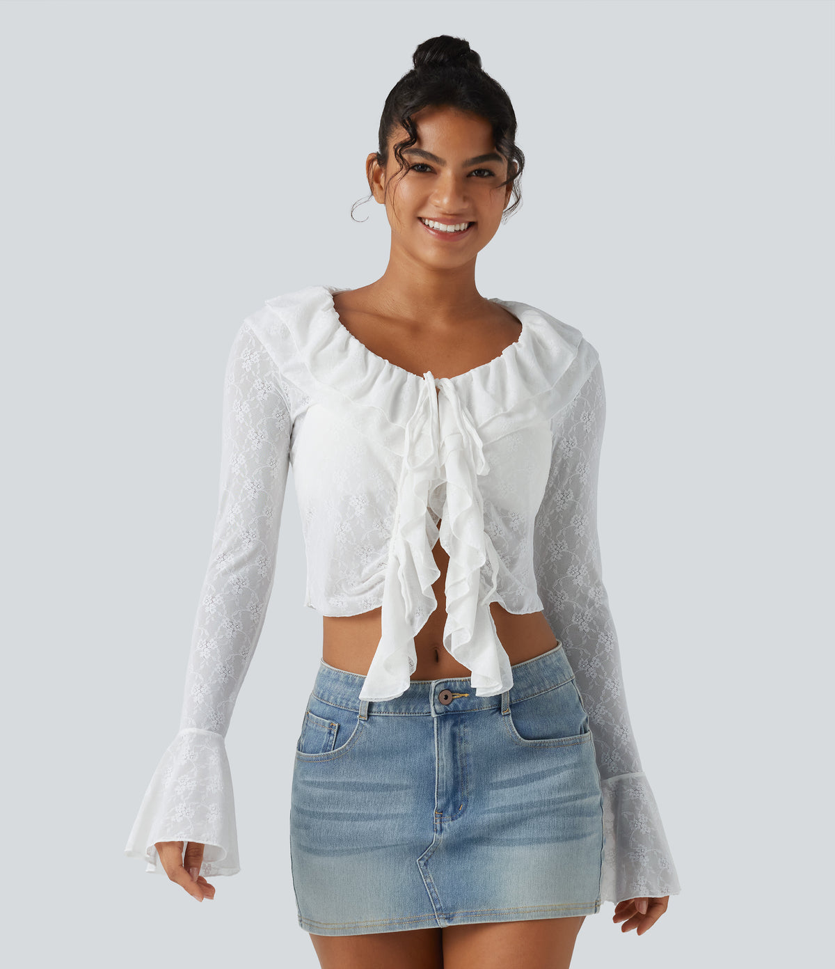 Tie-neck Flounce Long Sleeve  Asymmetric Ruffle Trim Casual Lace Top