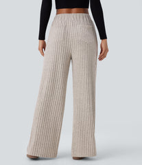 Ribbed Knit High Waisted Pockets Wide Leg Casual Pants