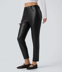 Mid Rise Stretchy PU Fleece 7/8 Casual Tapered Pants with Pockets
