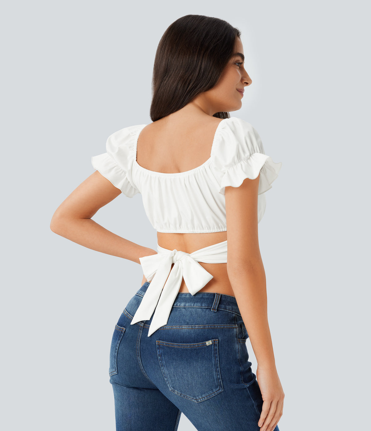 Puff Sleeve Crossover Tie Back Cropped Casual Top