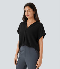 V Neck Short Sleeve Curved Hem Work Shirt