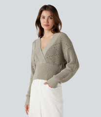 V-neck Long Sleeve Hollow Out Work Sweater