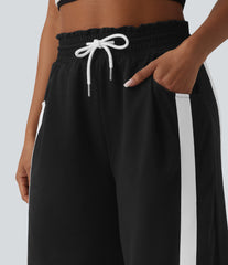 High Waisted Drawstring Curved Hem Color Block Casual Wide Leg Sweatpants with Pockets