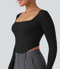 Ribbed Knit Square Neck Long Sleeve Curved Hem Work T-Shirt