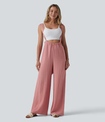 Tie Back Linen-Feel Overalls with Pockets