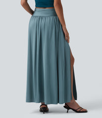 High Waisted Ruched Split 2-in-1 Maxi Stretchy Satin-Like InstantCool Party Flowy Skirt with Pockets