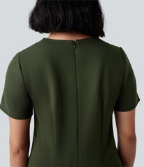 Wear-Resistant V-neck Zipper Short Sleeve Split Hem Ponte Roma Work Dress with Pockets