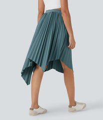 High Waisted Pleated Asymmetrical Hem Casual Skirt with Pockets