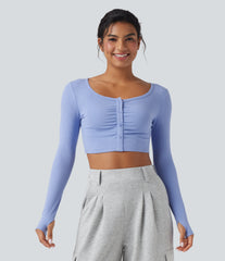 Ribbed Knit Scoop Neck Long Sleeve Thumb Holes Slim Cropped Casual Top