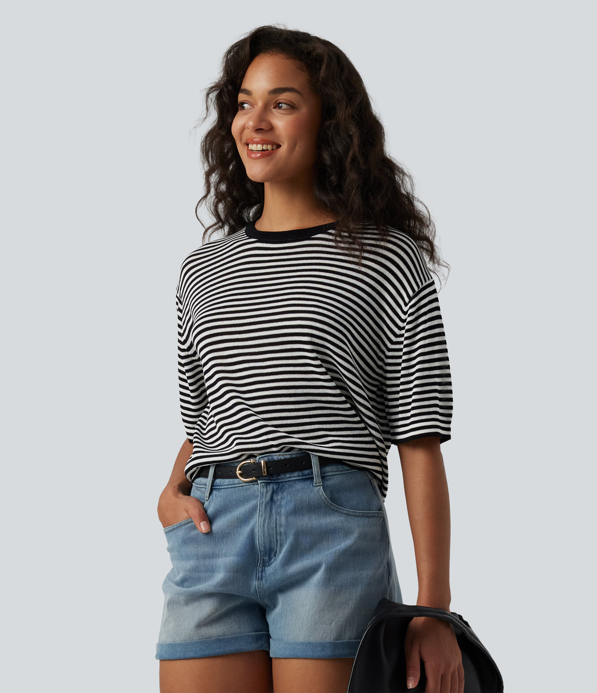 Round Neck Short Sleeve Stripe Casual Linen-Feel Sweater