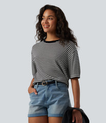 Round Neck Short Sleeve Stripe Casual Linen-Feel Sweater