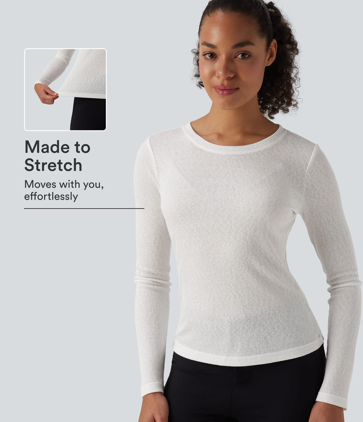 Semi Sheer Ribbed Knit Round Neck Long Sleeve Casual T-Shirt