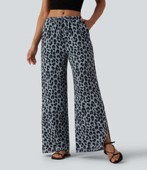 Mid Rise Drawstring Wide Leg Leopard Print Waffle Casual Pants with Pockets