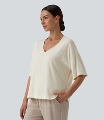 V Neck Half Sleeve Casual Linen-Feel Top