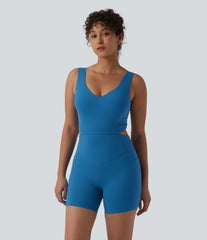 Halara UltraSculpt™ Crisscross Backless Tummy Control Butt Lifting Scrunch Non-Removable Pad Workout Skinny Romper with Pockets-Easy Peezy