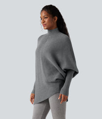 High Neck Batwing Long Sleeve Asymmetric Hem Work Sweater