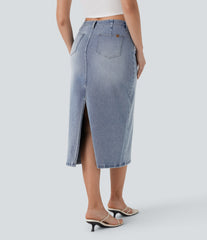 Halara Flex™ Mid Rise Back Midi Washed Denim Casual Straight Skirt with Pockets