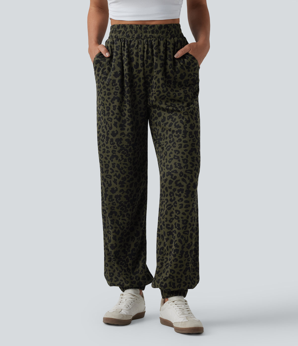 High Waisted Leopard Print Casual Joggers with Pockets