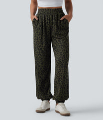 High Waisted Leopard Print Casual Joggers with Pockets