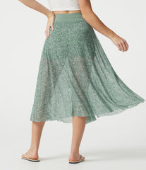 High Waisted Drawstring Leopard Print Contrast Mesh 2-in-1 Flowy Midi Flare Resort Skirt with Pockets