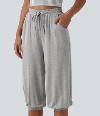 High Waisted Drawstring Capri Casual Joggers with Pockets