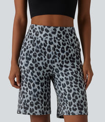 High Waisted Leopard Waffle Casual Baggy Bermuda Shorts 10'' with Pockets