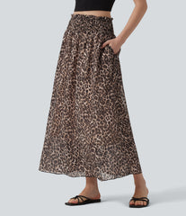 High Waisted Flowy Midi Casual Skirt with Pockets