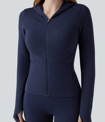 OneForm Seamless Flow Waffle Hooded Long Sleeve Thumb Hole Zipper Yoga Jacket with Pockets