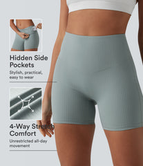 Ribbed Knit High Waisted Yoga Biker Shorts 5'' with Pocket