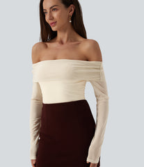SoftlyZero™ Plush Off Shoulder Mesh Long Sleeve Top