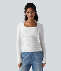Square Neck Push-Up 2-in-1 Long Sleeve Ruched Casual T-Shirt DD-F Cups