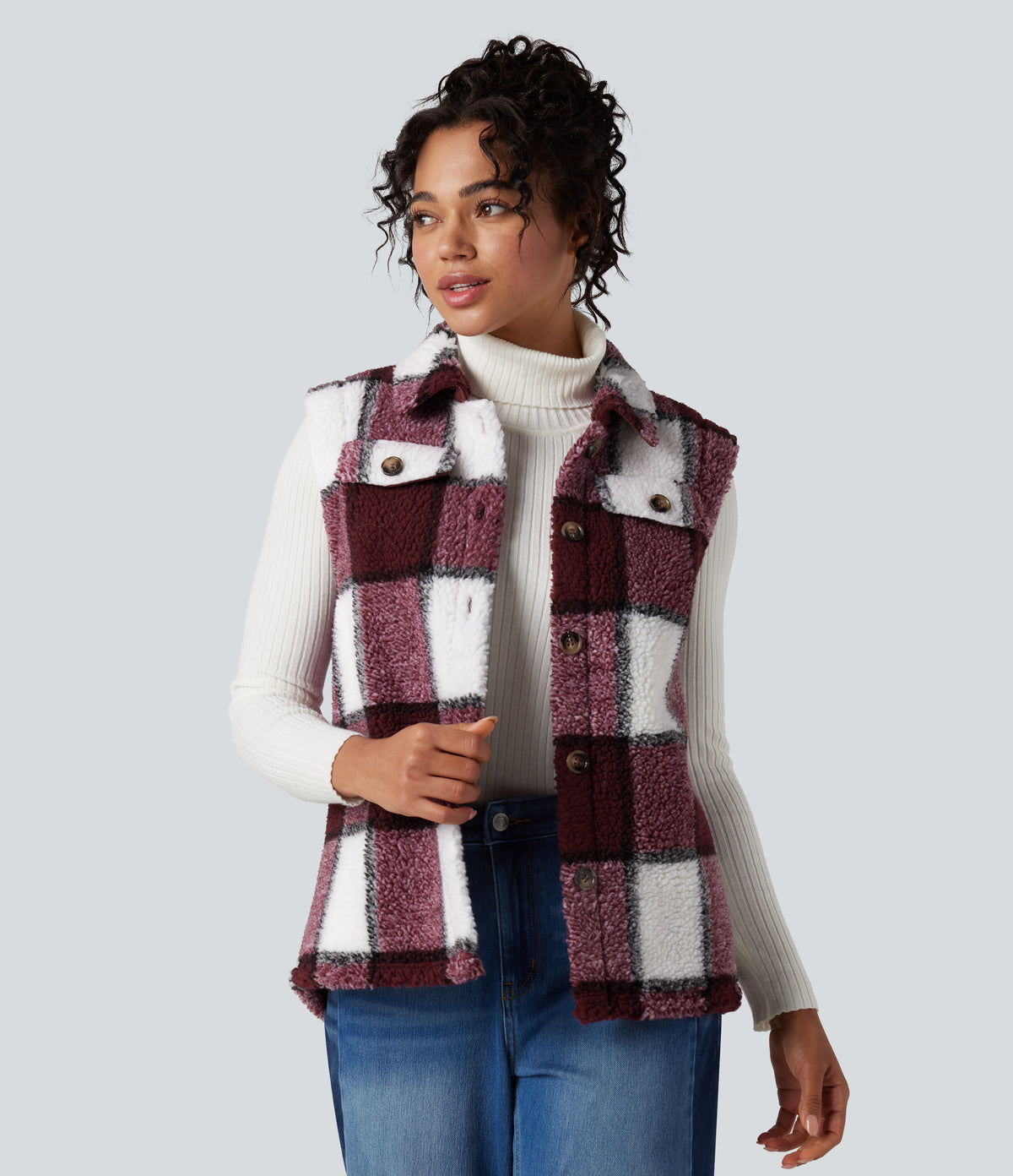 Curved Hem Casual Plaid Sherpa Vest