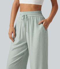 High Waisted Drawstring Wide Leg Cropped Casual Linen-Blend Pants with Pockets