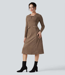 Lace-up V-neck Long Sleeve Midi Suede Work Dress